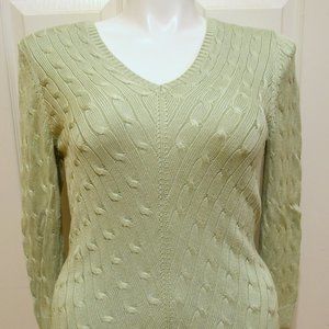 LAUREN RALPH LAUREN WOMEN'S GREEN SILK CABLE KNIT V-NECK SWEATER, SIZE LARGE